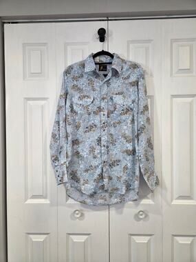 Vintage 70s Sears Shirt Hippy Floral Print Abstract Disco Rockabilly Medium